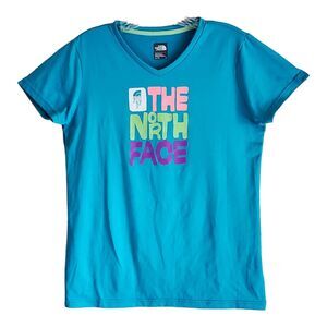 THE NORTH FACE Girl's XL T-Shirt Tee Turquoise Logo Short Sleeve Chest 36"